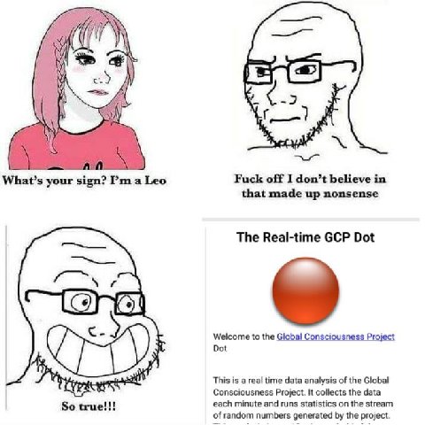 What’s your sign? а Leo Fuck off I don’t believe in that made up nonsense The Real-time GCP Dot с 5 Welcome to the Global Consciousness Project Dot 4 This is а real time data analysis of the Global Co
