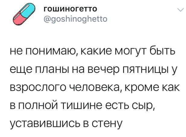 гошиногетто @goshinoghetto не понимаю, какие могут быть еще планы на вечер пятницы у взрослого человека, кроме как в полной тишине есть уставившись в стену