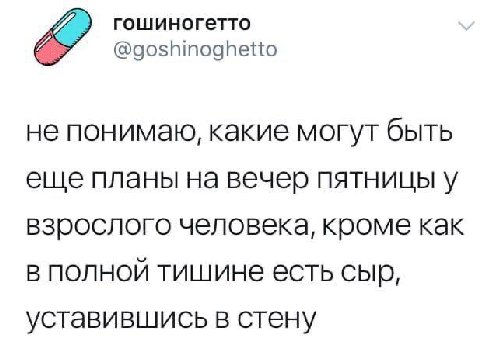 гошиногетто @goshinoghetto не понимаю, какие могут быть еще планы на вечер пятницы у взрослого человека, кроме как в полной тишине есть уставившись в стену