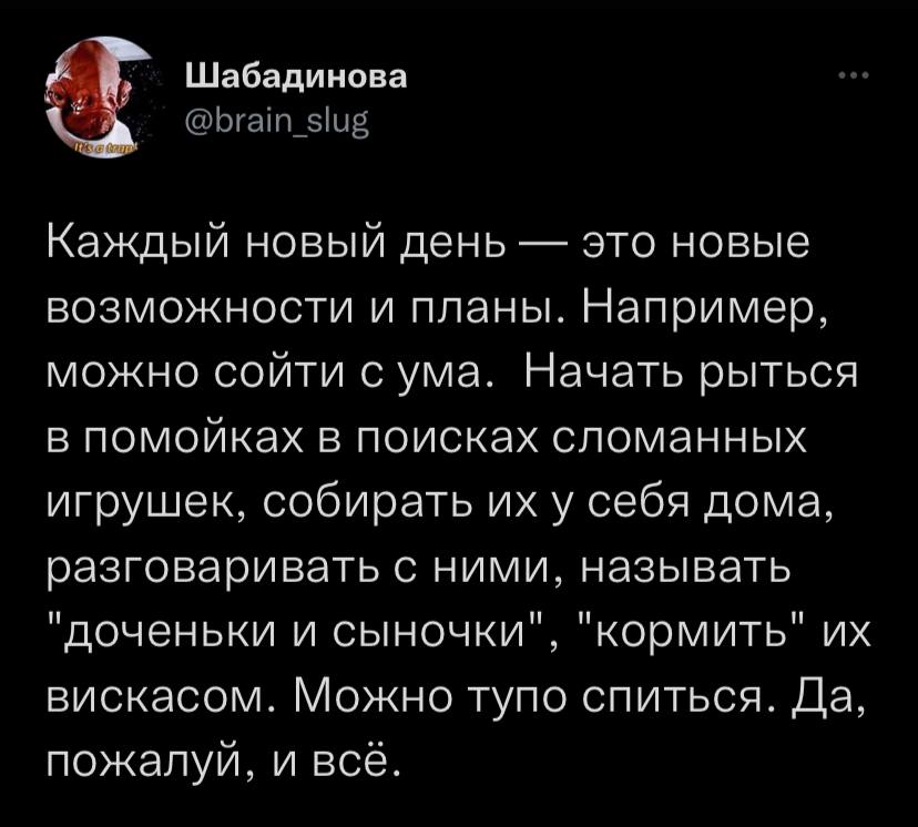 Шабадинова @brain_slug Каждый новый день это новые возможности и планы. Например, можно сойти с ума. Начать рыться в помойках в поисках сломанных игрушек, собирать у себя дома, разговаривать с ними, н