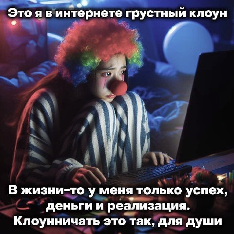 Это я в интернете грустный клоун В жизни-то у меня только успех, деньги и реализация. Клоунничать это так, для души