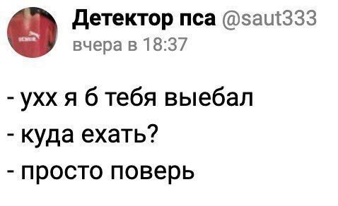 Детектор пса @saut333 вчера в 18:37 ухх я 6 тебя выебал Куда ехать? просто поверь