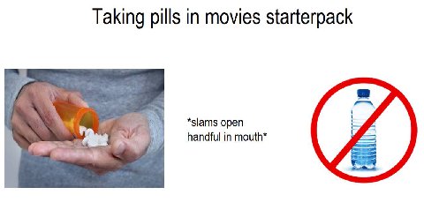 Taking pills in movies starterpack slams open handful in mouth*