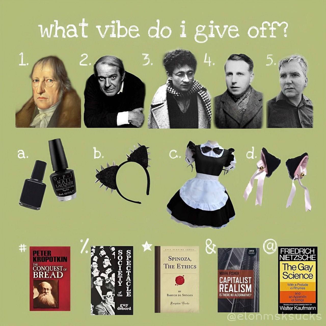 what vibe i give off? 1. 2. 2. В. 5. А 4 а. 4 к. 1% gal FRIEDRICH NIETZSCHE CONQUEST TheGay: BREAD ‘Science REALISM @etonn
