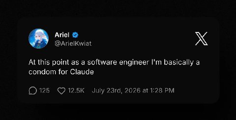 Ariel @ArielKwiat At this point as a software engineer basically a condom for Claude 125 July 2026 at 1:28