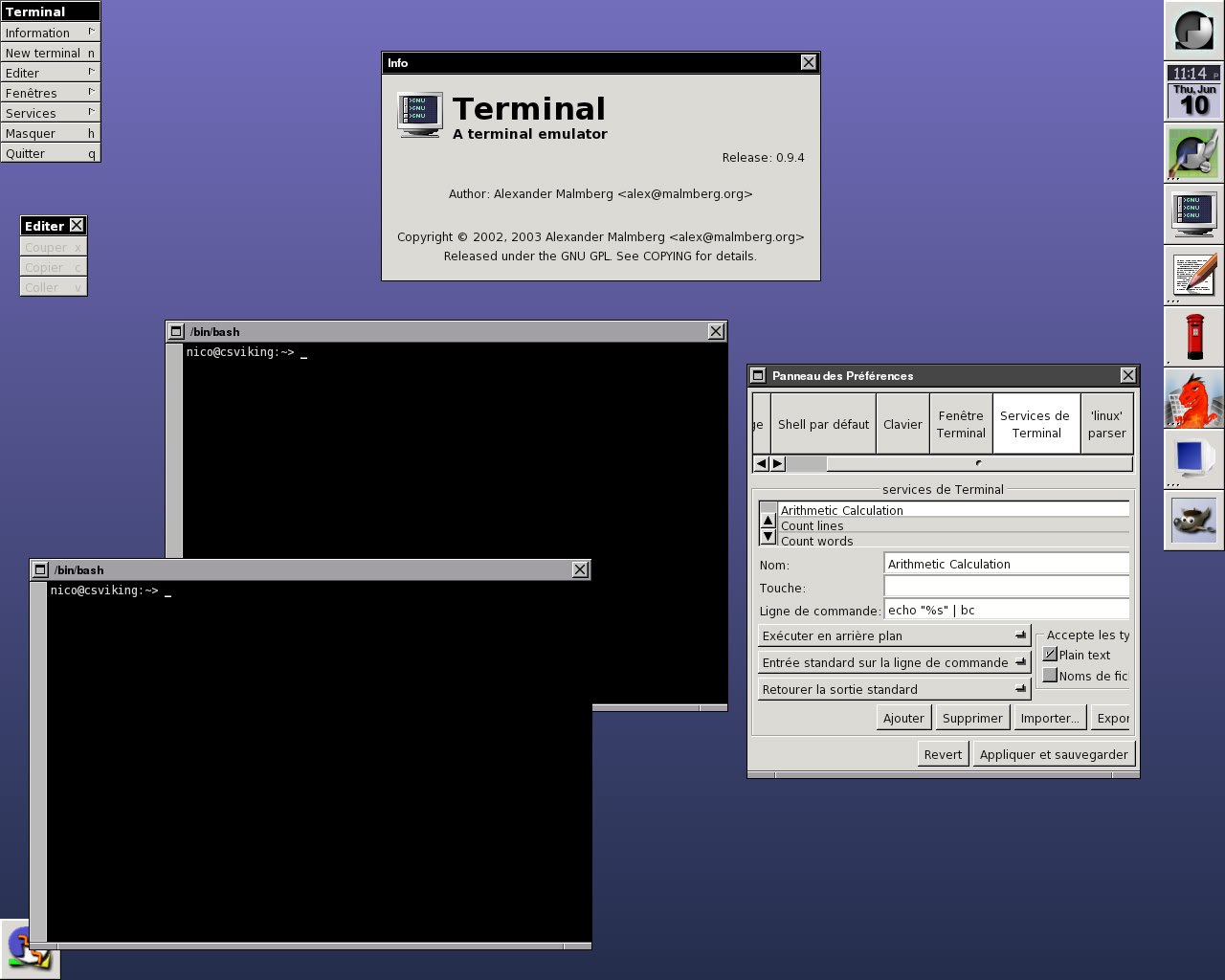 New Info я Terminal 10 Masquer Aterminal emulator Released under the GNU GPL. See COPYING for details. Panneaudes Préiérences Я Shell par défaut Services Terminal parser services Terminal lines [У] wo