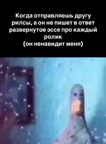 Когда отправляешь другу рилсы, аон не пишет в ответ развернутое эссе про каждый (он ненавидит меня)
