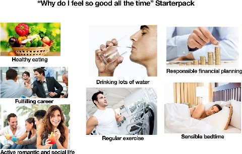 “Why I feel so good all the time” Starterpack Healthy eating Responsible financial planning Drinking lots of water 1. Fulfilling career A) 9} Sensible bedtime Regular exercise Active romantic and soci
