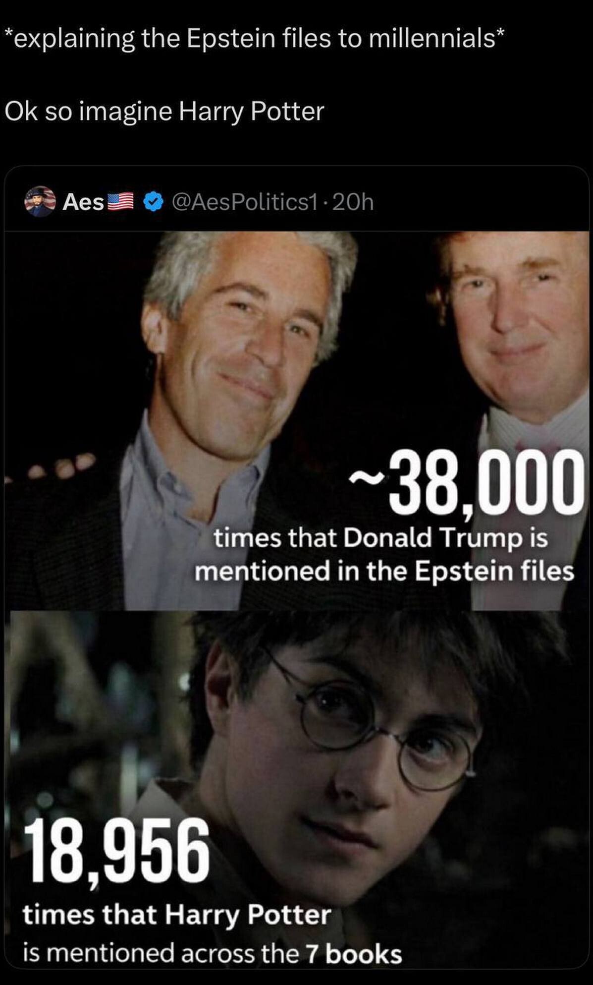 “explaining the Epstein files to millennials* so imagine Harry Potter Аез= ~38,000 times that Donald Trump 1$ mentioned in the Epstein files 18,956 times that Harry Potter is mentioned across the 7 bo
