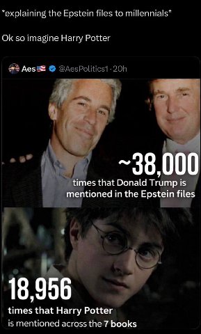 “explaining the Epstein files to millennials* so imagine Harry Potter Аез= ~38,000 times that Donald Trump 1$ mentioned in the Epstein files 18,956 times that Harry Potter is mentioned across the 7 bo