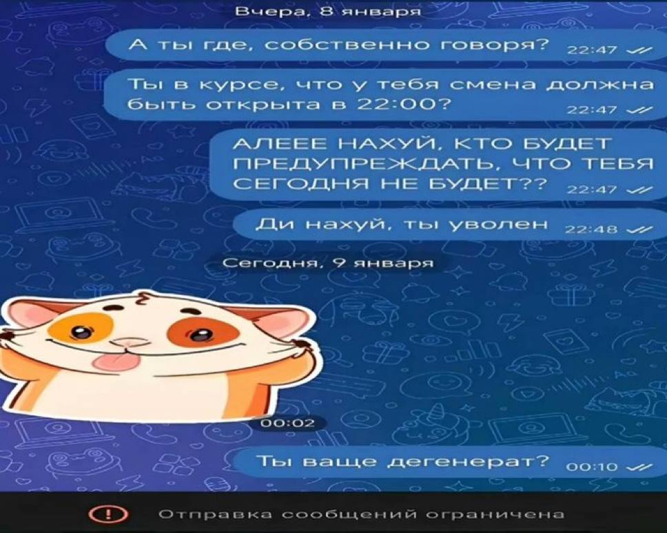 Buepa, 8 января A ты где, собственно говоря? в курсе, что у тебя смена должна открыта в 22:00? АЛЕЕЕ НАХУМ, КТО БУДЕТ НЕ БУДЕТ нахуй, ты уволен Сегодня, января 00:02 Bale дегенерат? oono огранычена