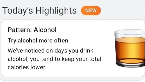 Today's Highlights Pattern: Alcohol Try alcohol more often We've noticed on days you drink alcohol, you tend to keep your total calories lower.