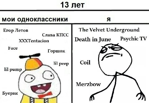 13 лет мои одноклассники A Егор Летов The Velvet Underground Слава КПСС XXXTentacion Psychic Горшок lil peep Coil lil pump Merzbow byepak