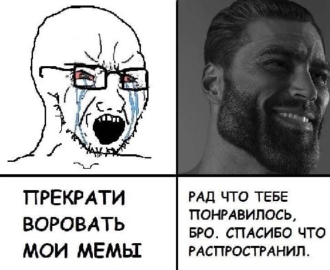 ПРЕКРАТИ РАД ЧТО ТЕБЕ ПОНРАВИЛОСЬ, ВОРОВАТЬ БРО. СПАСИБО ЧТО МОИ МЕМЫ РАСПРОСТРАНИЛ.