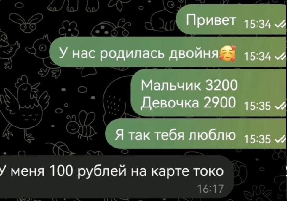 Привет У нас родилась двойня Мальчик 3200 Девочка 2900 Я так тебя люблю 15:35 У меня 100 рублей на карте токо