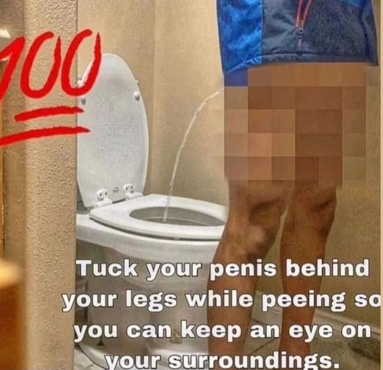 Tuck your penis behind your legs while peeing you can keep an eye on