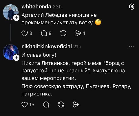 whitehonda Артемий Лебедев никогда не прокомментирует эту ветку С nikitalitkinkovoficial И слава богу! Никита Литвинков, герой мема "борщ с капусткой, но не красный", выступлю на вашем мероприятии. По