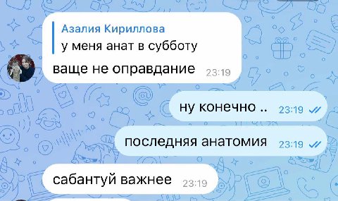 Азалия Кириллова 0 у меня анат в субботу ваще не оправдание oul конечно 23:19 последняя анатомия 23:19 сабантуй важнее