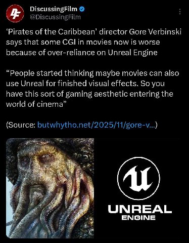 DiscussingFilm ‘Pirates of the Caribbean’ director Gore Verbinski says that some CGI in movies now is worse because of over-reliance on Unreal Engine “People started thinking maybe movies can also use