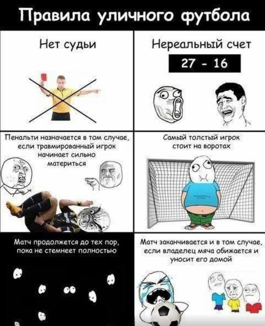 Правила уличного футбола Нет судьи Нереальный счет Пенальти назначается в том случае Самый толстый игрок если травмированный игрок стоит на воротах начинает сильно материться 3 4 Матч продолжется до T