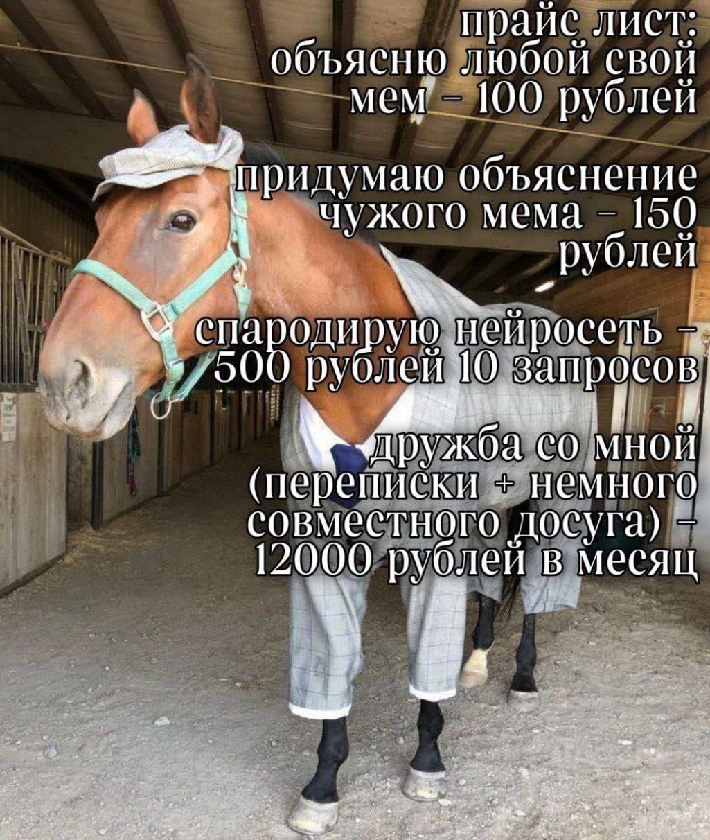 прайс лист: объясню любой свой 100 рублей объяснение чужого мема 150 рублей спародирую нейросеть мной (переписки совместного досуга) 12000 рублей в, месяц