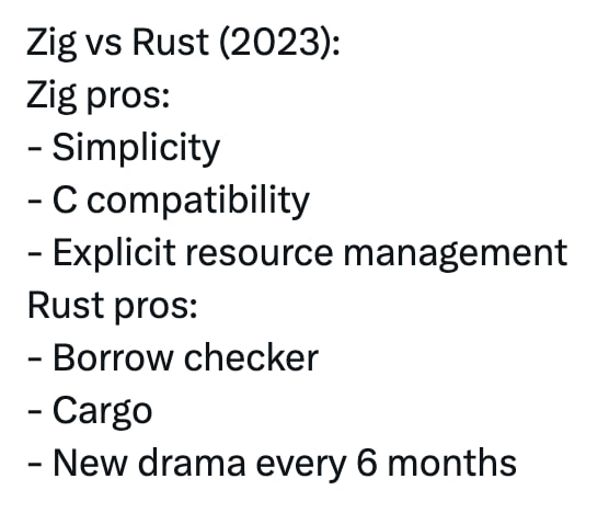 Zig Rust (2023): Zig pros: Simplicity Ccompatibility Explicit resource management Rust pros: Borrow checker Cargo New drama every 6 months