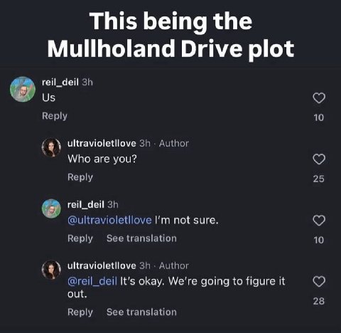 This being the Mullholand Drive plot reil_deil Reply 10 Author Who are you? Reply 25 reil_deil @ultravioletllove not sure. Reply See translation 10 Author @reil_deil It's okay. We're going to figure i