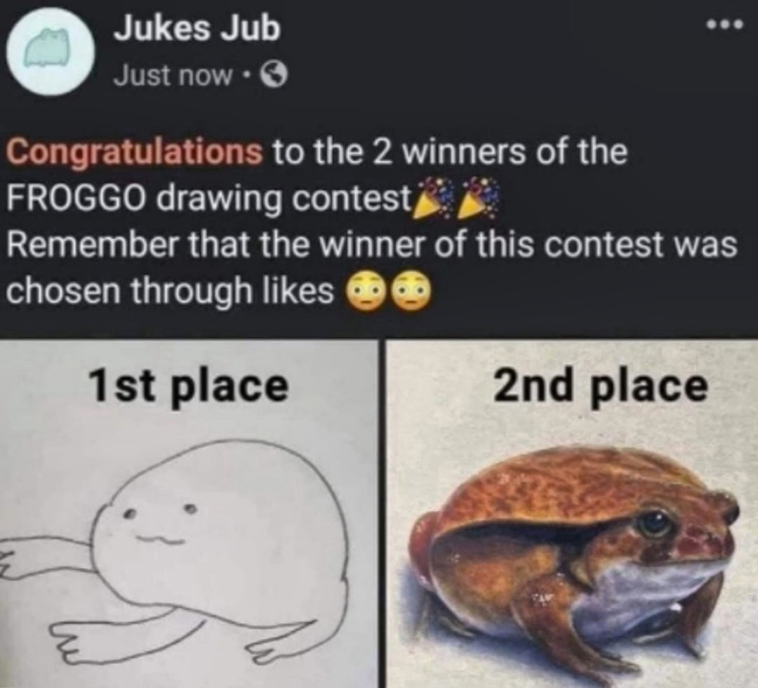 Jukes Jub eee о Just пом Congratulations to the 2 winners of the FROGGO drawing contests: Remember that the winner of this contest was chosen through likes place place