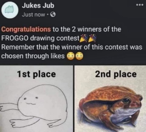 Jukes Jub eee о Just пом Congratulations to the 2 winners of the FROGGO drawing contests: Remember that the winner of this contest was chosen through likes place place