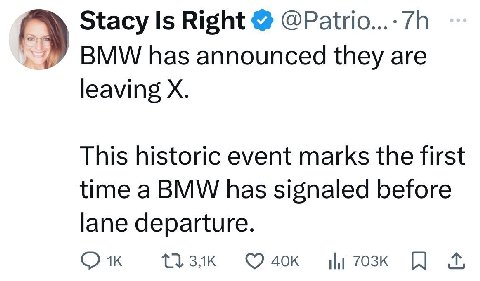 Stacy Is Right BMW has announced they are leaving This historic event marks the first time a BMW has signaled before lane departure.