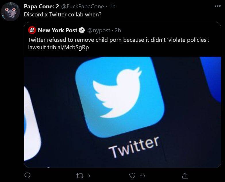 Рара Сопе: 2 Discord Twitter collab when? New York Post Twitter refused to remove child porn because it didn't ‘violate policies’: lawsuit trib.al/McbSgRp