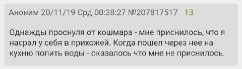 Аноним 20/11/19 Срд 00:38:27 №207817517 13 Однажды проснуля от кошмара мне приснилось, что я насрал у себя в прихожей. Когда пошел через нее на кухню попить воды оказалось что мне не приснилось.