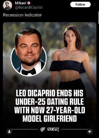 Mikael @BacardiCapital Recession indicator LEO DICAPRIO ENDS HIS UNDER-25 DATING RULE WITH NOW 27-YEAR-OLD MODEL GIRLFRIEND