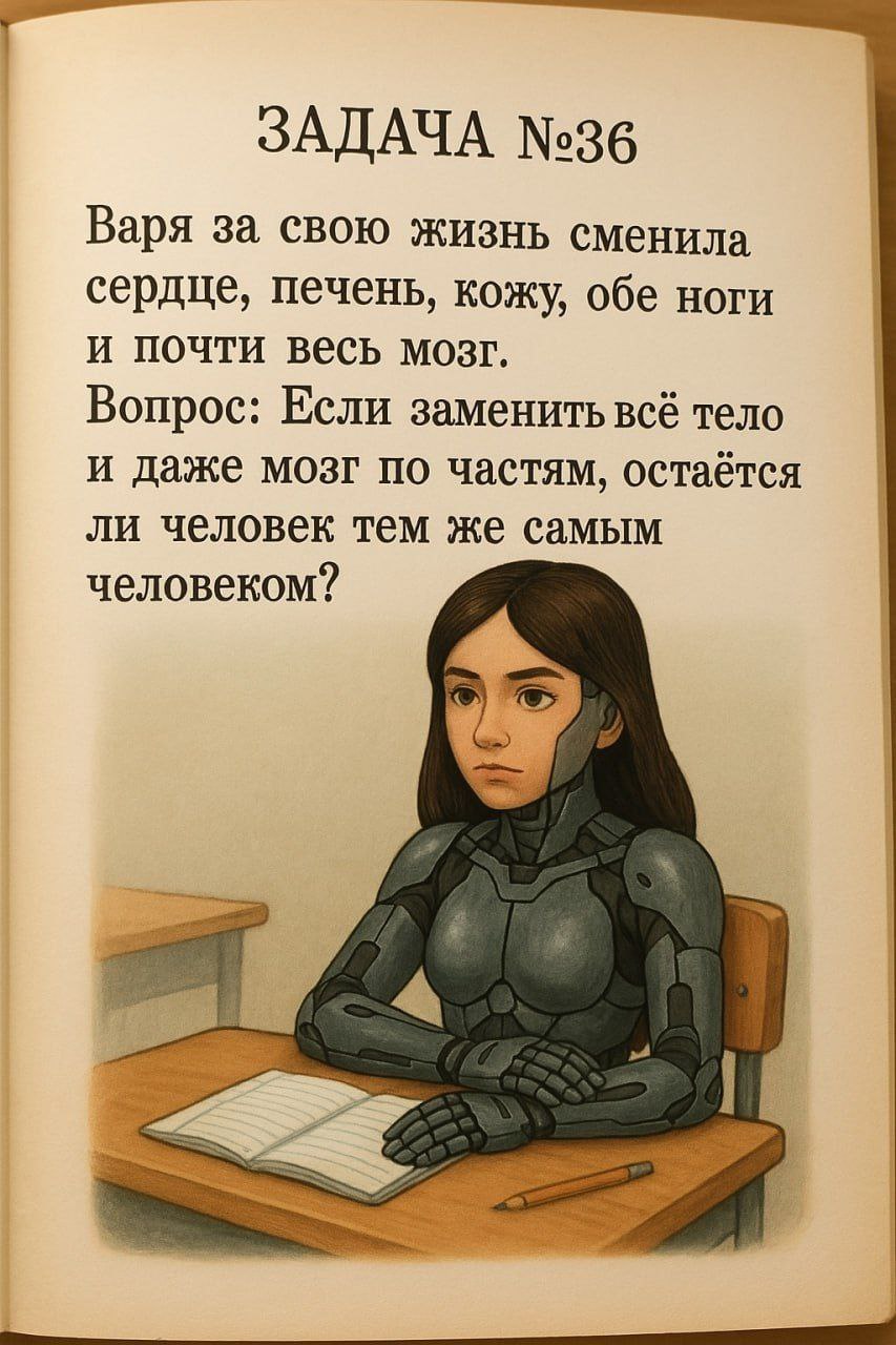 ЗАДАЧА №36 Варя за свою жизнь сменила сердце, печень, кожу, обе ноги и почти весь мозг. Вопрос: Если заменить всё тело и даже мозг по частям, остаётся ли человек тем же самым человеком?
