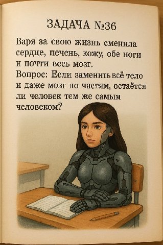 ЗАДАЧА №36 Варя за свою жизнь сменила сердце, печень, кожу, обе ноги и почти весь мозг. Вопрос: Если заменить всё тело и даже мозг по частям, остаётся ли человек тем же самым человеком?