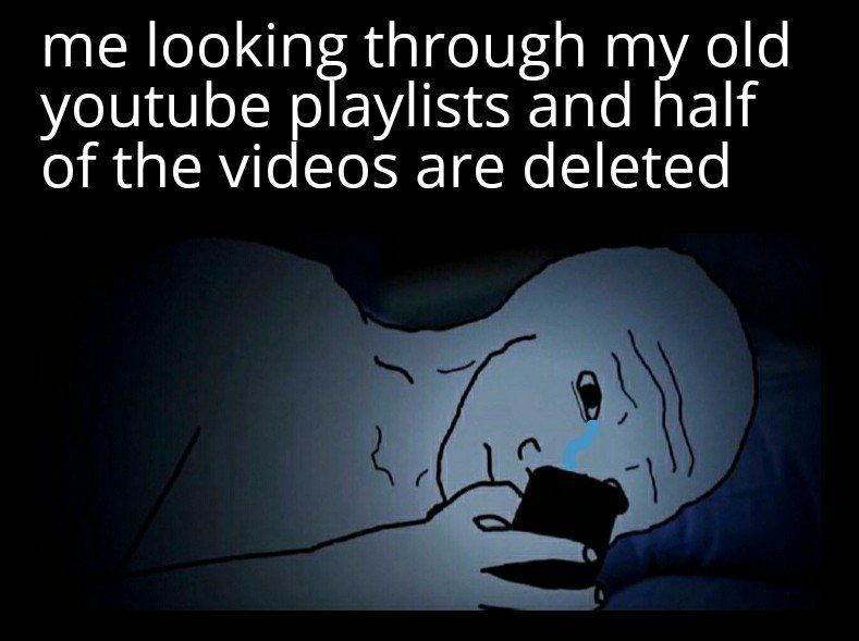 me looking through my old youtube playlists and half of the videos are deleted