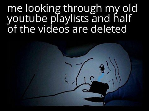 me looking through my old youtube playlists and half of the videos are deleted