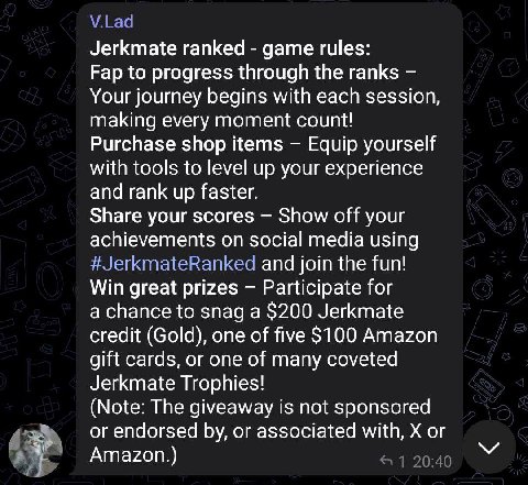 Jerkmate ranked game rules: Fap to progress through the ranks Your journey begins with each session, making every moment count! Purchase shop items Equip yourself with tools to level up your experienc