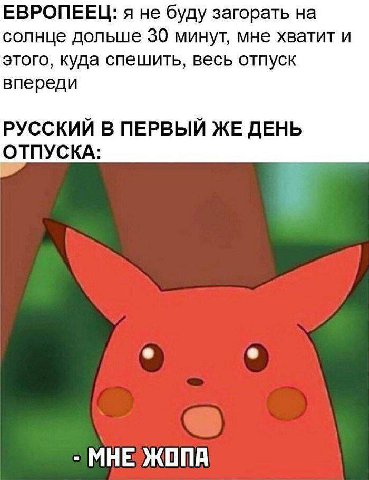 ЕВРОПЕЕЦ: я не буду загорать на солнце дольше 30 минут, мне хватит и этого, куда спешить, весь отпуск впереди РУССКИЙ В ПЕРВЫЙ ЖЕ ДЕНЬ ОТПУСКА: МНЕ ЖОПА
