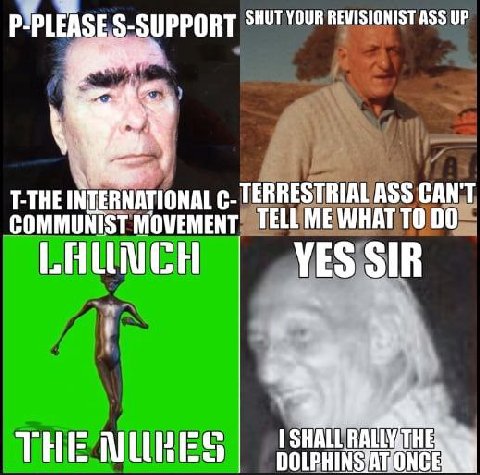 SUPPORT SHUT YOUR REVISIONIST ASS UP Т-ТНЕ С- TERRESTRIAL ASS CAN'T COMMUNIST MOVEMENT TELL ME WHAT TO 00 VES SIR I SHALL RALLYATH THIE DOLPHINS/ATONCE