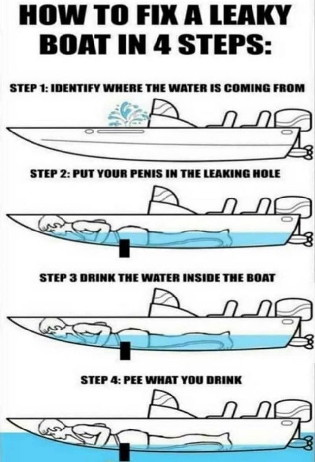 HOW TO FIX A LEAKY BOAT STEPS STEP 1: IDENTIFY WHERE THE WATER IS COMING FROM STEP 2: PUT YOUR PENIS IN THE LEAKING HOLE STEP 3 DRINK THE INSIDE THE BOAT STEP 4: PEE WHAT YOU DRINK