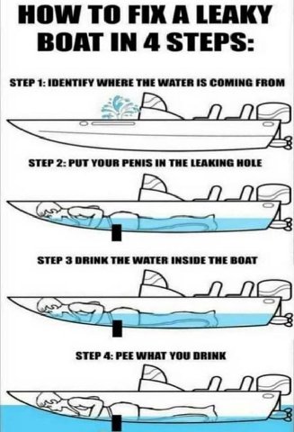 HOW TO FIX A LEAKY BOAT STEPS STEP 1: IDENTIFY WHERE THE WATER IS COMING FROM STEP 2: PUT YOUR PENIS IN THE LEAKING HOLE STEP 3 DRINK THE INSIDE THE BOAT STEP 4: PEE WHAT YOU DRINK