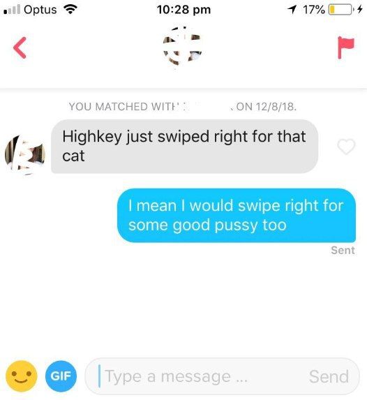 Optus 10:28 4 YOU MATCHED WITE' 12/8/18. Highkey just swiped right for that cat mean would swipe right for some good pussy too Sent Typ. а