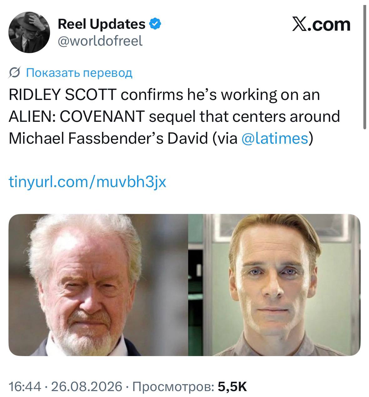 Reel Updates X.com @worldofreel Показать перевод RIDLEY SCOTT confirms he’s working an ALIEN: COVENANT sequel that centers around Michael Fassbender’s David (via tinyurl.com/muvbh3jx 16:44 26.08.2026 