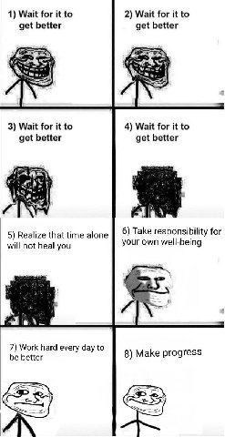 1) Wait for it to 2) Wait for it to get better get better 3) Wait for it to 4) Wait for it to get better get better a у 5) Realize that time alone Take responsibility for will not heal you your own we