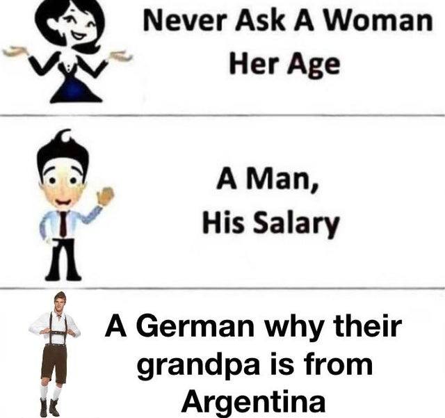 Never Ask А Woman Нег Аре A Man, His Salary А German why their grandpa is from Argentina