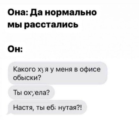 Она: Да нормально мы расстались Он: Какого хуя у меня в офисе обыски? Ты охуела? Настя, ты нутая?!