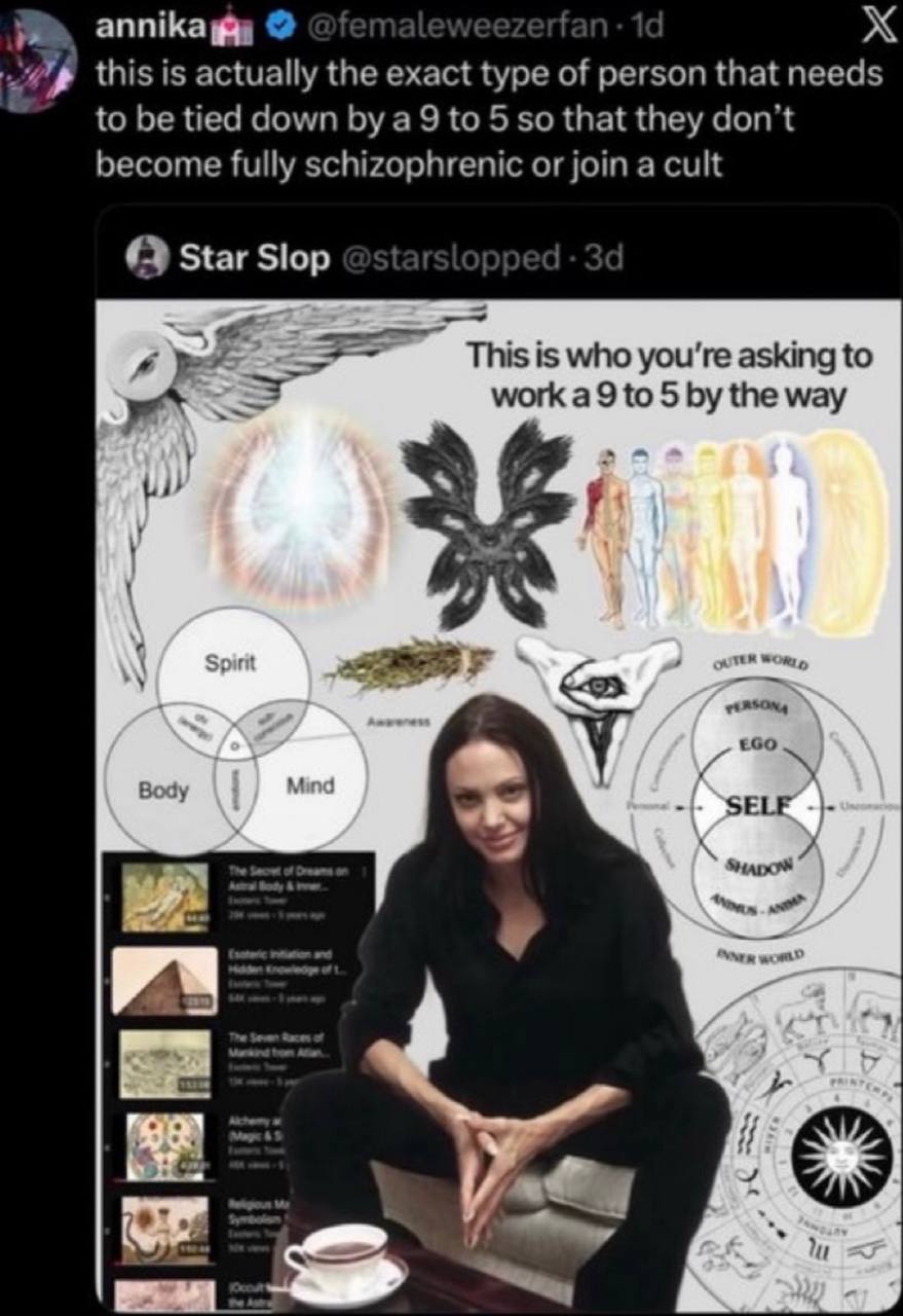 annikagy this is actually the exact type of person that needs to be tied down Буа 9 to 5 so that they don’t become fully schizophrenic or join a cult Star Slop This is who you're asking to work a 9 to
