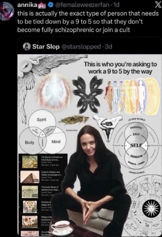 annikagy this is actually the exact type of person that needs to be tied down Буа 9 to 5 so that they don’t become fully schizophrenic or join a cult Star Slop This is who you're asking to work a 9 to