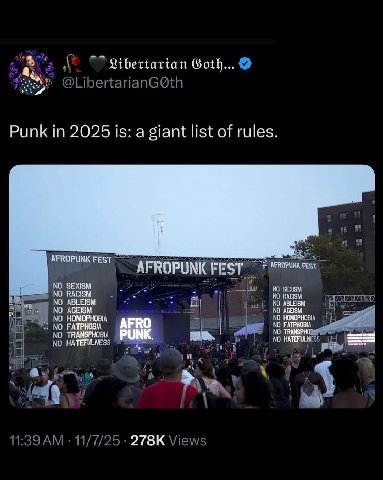 Libertarian Punk in 2025 is: a giant list of rules. AFROPUNIC FEST FEST NO NO RAC АбЕЗМ AGEISM HOMOPHOBIA NO НОМОРНОВ: №0 FATPHOBIA AFRO NO ТВАКЗРНО" NO FATPHOBIA NO. 10 PUNK.